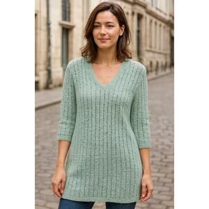 J Jill Pointelle Sweater Womens Sz XL 3/4 Sleeve V Neck Cotton Blend Teal Green